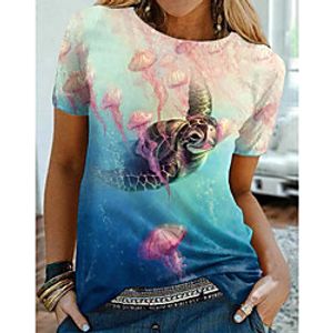Women's Floral Theme 3D Printed Painting T shirt Graphic Ocean Print Round Neck Basic Tops Blue Lightinthebox