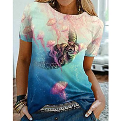 Women's Floral Theme 3D Printed Painting T shirt Graphic Ocean Print Round Neck Basic Tops Blue Lightinthebox
