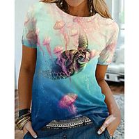 Women's Floral Theme 3D Printed Painting T shirt Graphic Ocean Print Round Neck Basic Tops Blue Lightinthebox - thumbnail