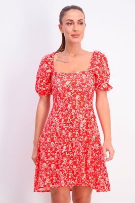 Womens Puff Sleeve Skater Dress Red Womens Puff Sleeve Skater Dress Red