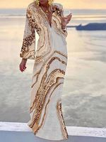 Casual Marble Print V Neck Long Sleeve Maxi Dress