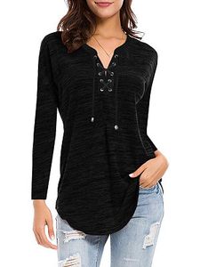 V Neck Lace Up Plain Long Sleeve T-shirt