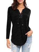 V Neck Lace Up Plain Long Sleeve T-shirt - thumbnail