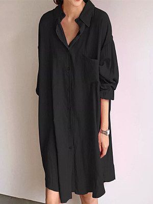 Loose Casual Solid Color Lapel Long Sleeve Shirt Short Dress