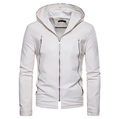 Men's Daily Basic Fall / Winter Regular Leather Jacket, Solid Colored V Neck / Hooded Sleeveless / Long Sleeve PU White / Black miniinthebox