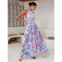 Satin Print Halter Neck Backless Maxi Dress Lightinthebox