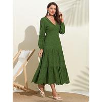 Women's Green Dress Green Long Sleeve Embroidery Hollow Solid / Plain Color Long Spring Fall Notch lapel collar Deep V Casual Daily Beach Vacation S M L - thumbnail