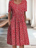 Round Neck Short Sleeves Printed Pockets Midi Dress