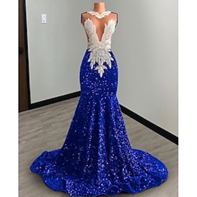 Mermaid  Trumpet Evening Gown Elegant Dress Evening Party Prom Court Train Sleeveless Jewel Neck African American Sequined with Rhinestone Sequin 2024 Lightinthebox
