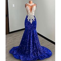 Mermaid  Trumpet Evening Gown Elegant Dress Evening Party Prom Court Train Sleeveless Jewel Neck African American Sequined with Rhinestone Sequin 2024 Lightinthebox