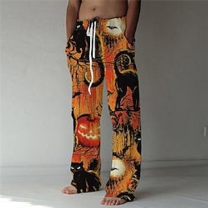 Men's Trousers Beach Pants Drawstring Elastic Waist 3D Print Cat Pumpkin Graphic Prints Comfort Breathable Halloween Casual Daily Streetwear Designer Orange Lightinthebox