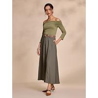 Ruched Long Sleeve Off Shoulder Shirt Tencel Pocket Belt Maxi Skirt Two Piece Set