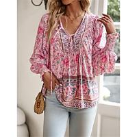 Women's Shirt Blouse Floral Vacation Beach Lace up Print Pink Long Sleeve Casual Boho V Neck Summer Lightinthebox