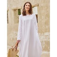 Women's Cotton Linen Breathable Plain Casual Crew Neck Pocket Long Sleeve Loose Light and Comfortable Maxi Dress Lightinthebox - thumbnail