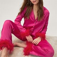 Women's Loungewear Sets Pure Color Fashion Comfort Home Going out Silk Lapel # Pant Pocket Feather Spring Summer Fuchsia  Satin  Button Lightinthebox - thumbnail