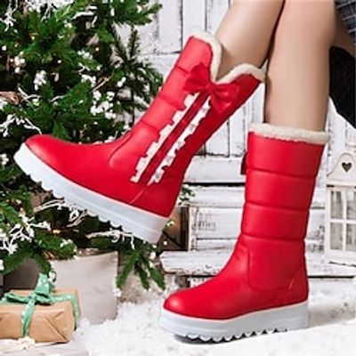 Women's Boots Xmas Shoes Snow Boots Plus Size Christmas Daily Mid Calf Boots Winter Flat Heel Round Toe Plush Comfort Minimalism Faux Fur PU Loafer Solid Color Black White Red Lightinthebox