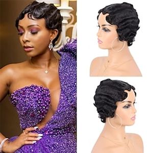 Wig Finger Wave Wig Short Syntheyic Hair Curly Wigs for Black Women Lady Nuna Wig 1920s Cosplay Costume Halloween Party Daily Use Lightinthebox