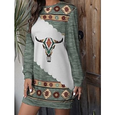 Women's Sweatshirt Dress Casual Dress Mini Dress Warm Fashion Outdoor Vacation Going out Crew Neck Print Geometric Regular Fit Green S M L XL XXL Lightinthebox