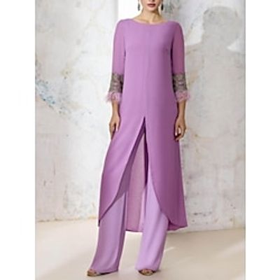 Jumpsuits Mother of the Bride Dress Wedding Guest Elegant Scoop Neck Ankle Length Chiffon 34 Length Sleeve with Feather Split Front 2023 Lightinthebox Jumpsuits Mother of the Bride Dress Wedding Guest Elegant Scoop Neck Ankle Length Chiffon 34 Length Sleeve with Feather Split Front 2023 Lightinthebox