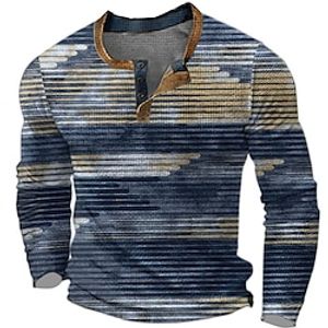 Graphic Color Block Stripes Designer Retro Vintage Casual Men's 3D Print Henley Shirt Waffle T Shirt Sports Outdoor Holiday Festival T shirt Blue Purple Brown Long Sleeve Henley Shirt Spring   Fall Lightinthebox