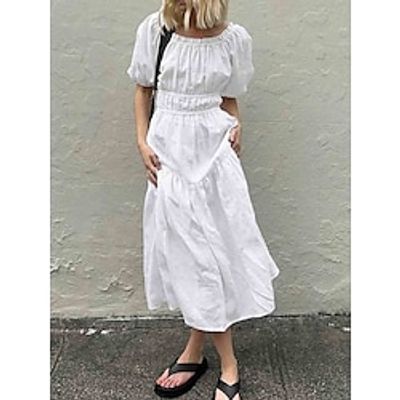 Women's Casual Dress Cotton Linen Dress White Dress Midi Dress Linen Cotton Blend Basic Modern Daily Weekend Off Shoulder Ruched Short Sleeve Summer Spring 2023 Loose Fit White Plain S M L Lightinthebox