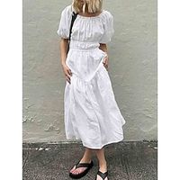 Women's Casual Dress Cotton Linen Dress White Dress Midi Dress Linen Cotton Blend Basic Modern Daily Weekend Off Shoulder Ruched Short Sleeve Summer Spring 2023 Loose Fit White Plain S M L Lightinthebox - thumbnail