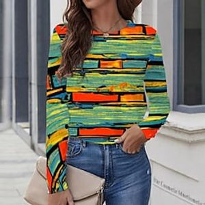 Women's T shirt Tee Green Graphic Geometric Print Long Sleeve Casual Daily Vintage Round Neck Regular Geometric Painting S  3D Print Lightinthebox