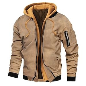 Men's Bomber Jacket Hoodie Jacket Outdoor Daily Wear Warm Fall Winter Plaid Plain Fashion Streetwear Hooded Regular Black Gold Black Wine Dark Red Red Jacket Lightinthebox