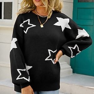 Women's Pullover Sweater jumper Jumper Crochet Knit Knitted Star Crew Neck Stylish Casual Outdoor Daily Winter Fall Brown Black S M L / Long Sleeve / Holiday / Regular Fit / Going out miniinthebox