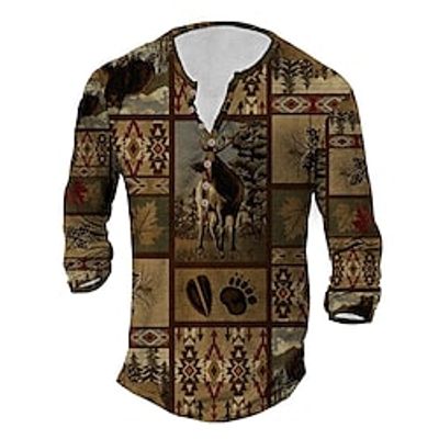 Men's T shirt Tee Henley Shirt Tee Graphic Animal Henley Brown Long Sleeve 3D Print Plus Size Outdoor Daily Button-Down Print Tops Basic Classic Comfortable Big and Tall / Sports miniinthebox