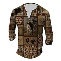 Men's T shirt Tee Henley Shirt Tee Graphic Animal Henley Brown Long Sleeve 3D Print Plus Size Outdoor Daily Button-Down Print Tops Basic Classic Comfortable Big and Tall / Sports miniinthebox - thumbnail