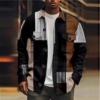 Color Block Geometry Business Casual Men's Shirt Shirt Jacket Shacket Daily Wear Going out Weekend Fall  Winter Turndown Long Sleeve Black, Khaki S, M, L Polar Fleece Shirt Lightinthebox
