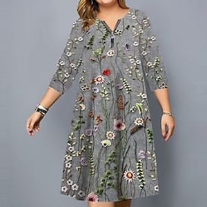 Women's Plus Size Shift Dress Floral Crew Neck Print Long Sleeve Fall Spring Casual Knee Length Dress Daily Vacation Dress Lightinthebox