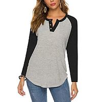 women's raglan round neck long sleeve blouse basic button henley shirt boyfriend style ladies tops black Lightinthebox - thumbnail