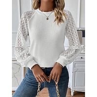 Women's Shirt Blouse White Plain Lace Long Sleeve Casual Fashion Round Neck Regular Fit Spring   Fall Lightinthebox - thumbnail