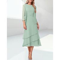 Sage Column Mother of the Bride Dress Elegant Tea Length Chiffon 3/4 Length Sleeve Wrap Included with Ruching 2024 Lightinthebox