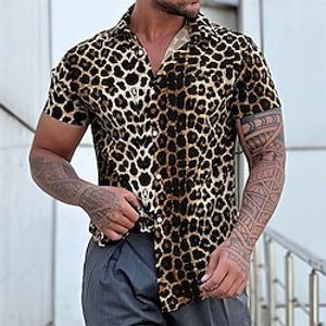Men's Shirt Button Up Shirt Summer Shirt Casual Shirt Beach Shirt Blue Brown Green Short Sleeves Graphic Cheetah Print Turndown Street Vacation Button-Down Clothing Apparel Stylish Casual Modern Lightinthebox