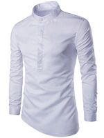 Band Collar Asymmetric Hem Plain Men Shirts - thumbnail