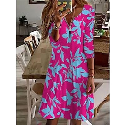 Women's Casual Dress Midi Dress Green Blue Purple Long Sleeve Floral Zipper Winter Fall Autumn V Neck Winter Dress Fall Dress 2022 S M L XL 2XL 3XL 4XL 5XL 6XL Lightinthebox