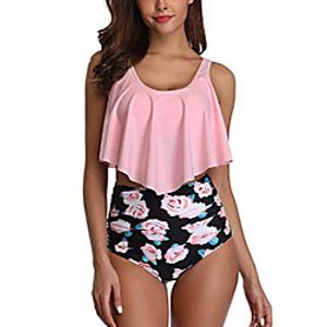 feetmat swimsuits for women ruffled flounce crop top with print high waisted bottom two piece bikini sets pinkrose Lightinthebox