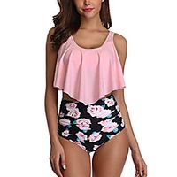 feetmat swimsuits for women ruffled flounce crop top with print high waisted bottom two piece bikini sets pinkrose Lightinthebox - thumbnail