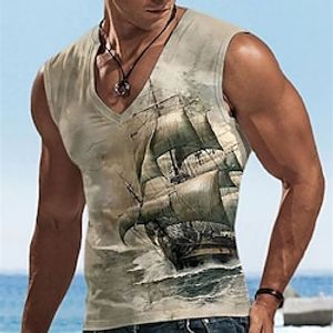 Men's Tank Top Vest Top Sleeveless T Shirt for Men Graphic Ship V Neck Clothing Apparel 3D Print Sports Running Sleeveless 3D Print Designer Casual Muscle miniinthebox