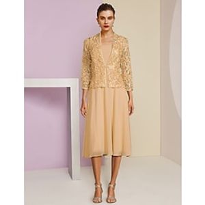A-Line Mother of the Bride Dress Wedding Guest Elegant Petite Scoop Neck Tea Length Chiffon Lace 34 Length Sleeve with Pleats Crystal Brooch 2023 Lightinthebox