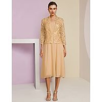 A-Line Mother of the Bride Dress Wedding Guest Elegant Petite Scoop Neck Tea Length Chiffon Lace 34 Length Sleeve with Pleats Crystal Brooch 2023 Lightinthebox - thumbnail