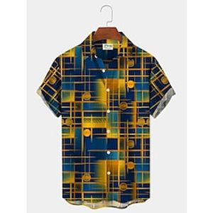 Men's Shirt Color Block Graphic Prints Geometry Turndown Blue 3D Print Outdoor Street Short Sleeves Button-Down Print Clothing Apparel Fashion Designer Casual Soft miniinthebox