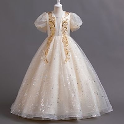 Kids Girls' Party Dress Solid Color Sequin Sleeveless Wedding Special Occasion Mesh Zipper Adorable Sweet Cotton Mesh Maxi Party Dress Summer Spring Fall 4-13 Years White Champagne Lightinthebox