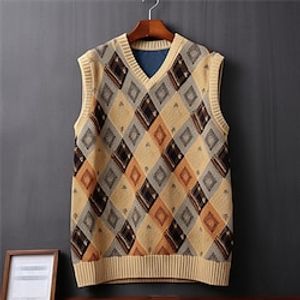 Plaid Retro Vintage Men's Knitting Print Sweater Vest Knitwear Outdoor Daily Vacation Sleeveless V Neck Sweaters Beige Fall Winter M L XL Sweaters Lightinthebox