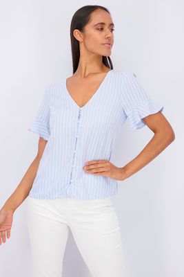 Womens Short Sleeve Stripe V-Neck Top Blue Womens Short Sleeve Stripe V-Neck Top Blue
