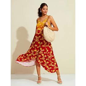 Chiffon Irregular Hem Spaghetti Strap Floral V Neck Maxi Dress