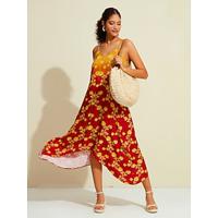 Chiffon Irregular Hem Spaghetti Strap Floral V Neck Maxi Dress - thumbnail